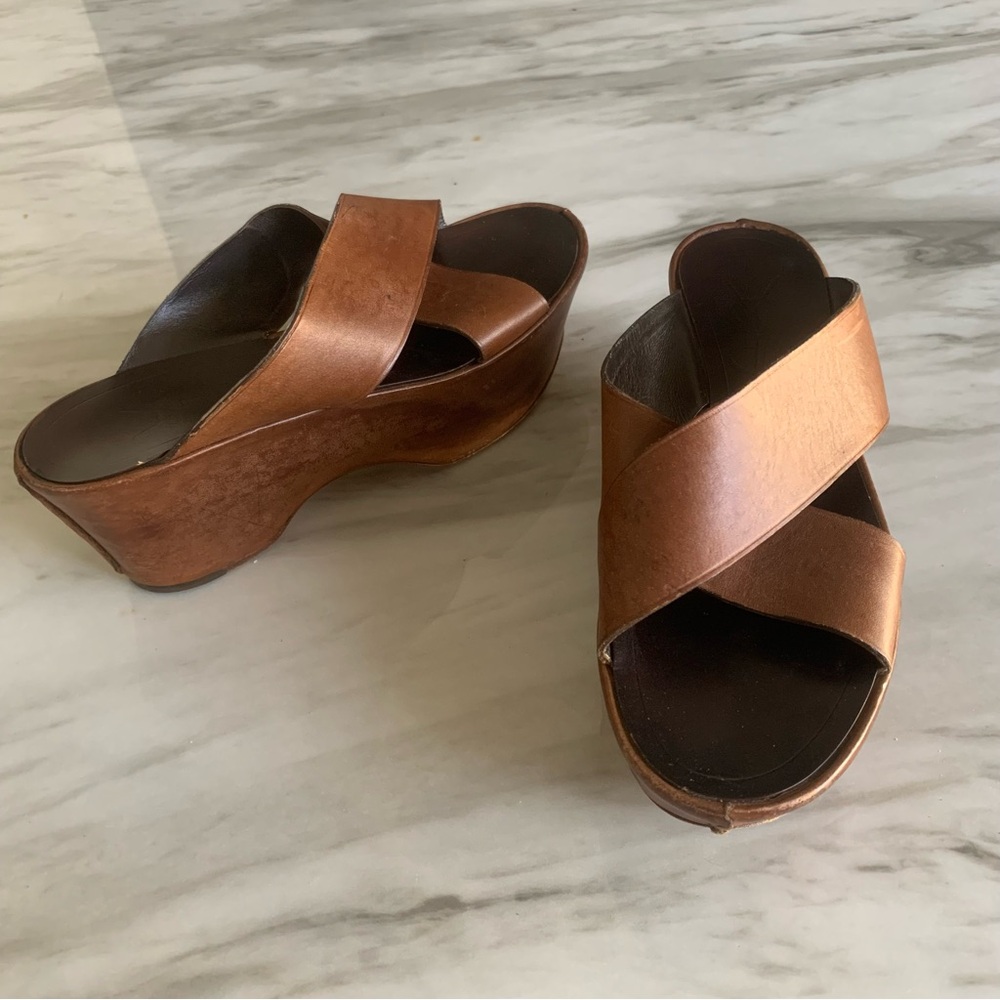 Yves Saint Laurent Brown Leather Wedge Sandals